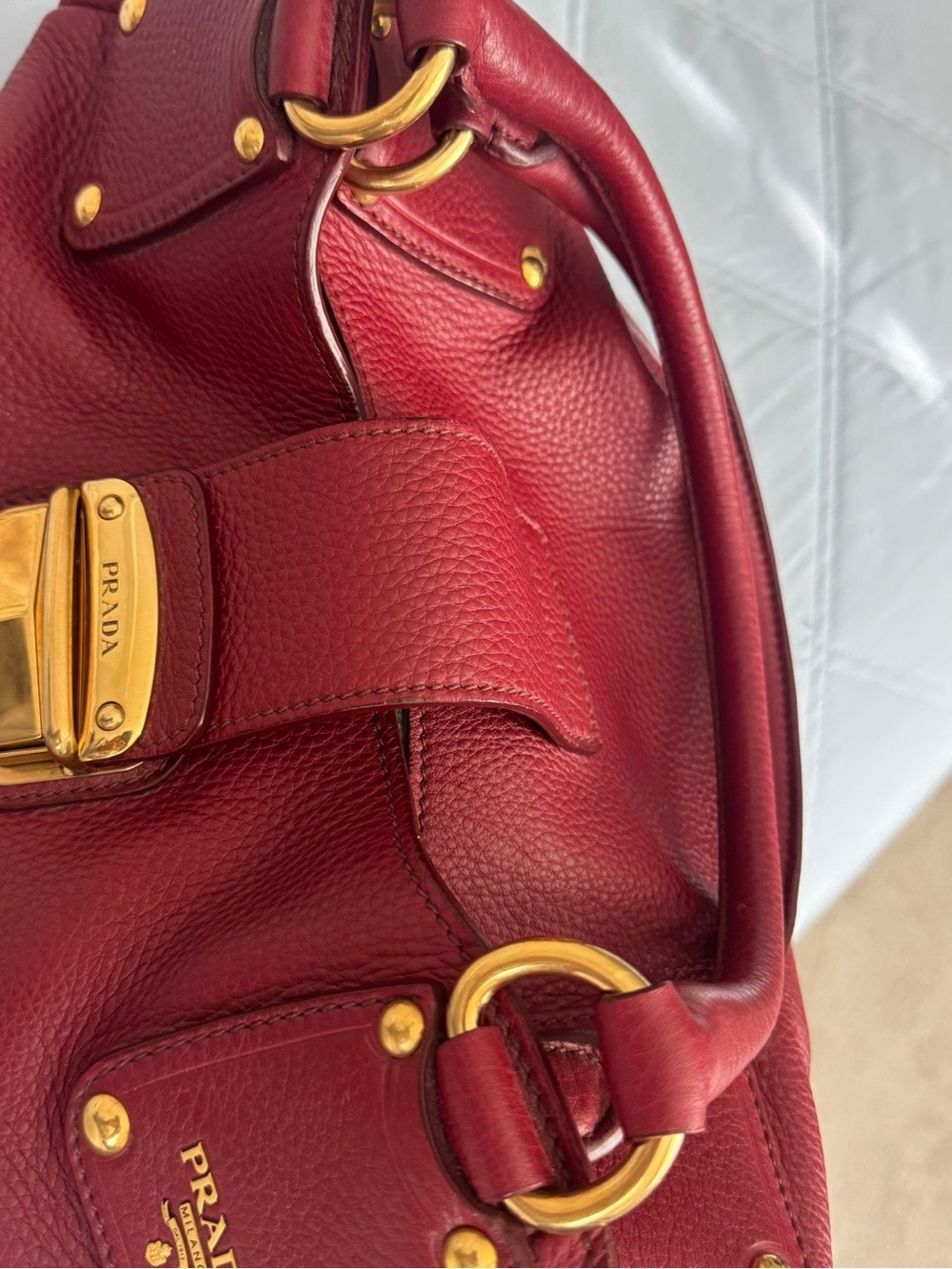 Prada Vitello Daino Hobo Bag BR4627 Rubino Red Gold Hardware - Authentic - Picture 8 of 11